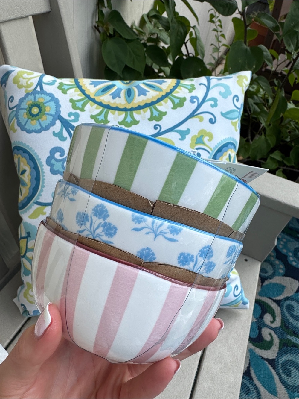 Striped Ceramic Nesting Bowls - Pink, Blue & Green NWT Prima Design
